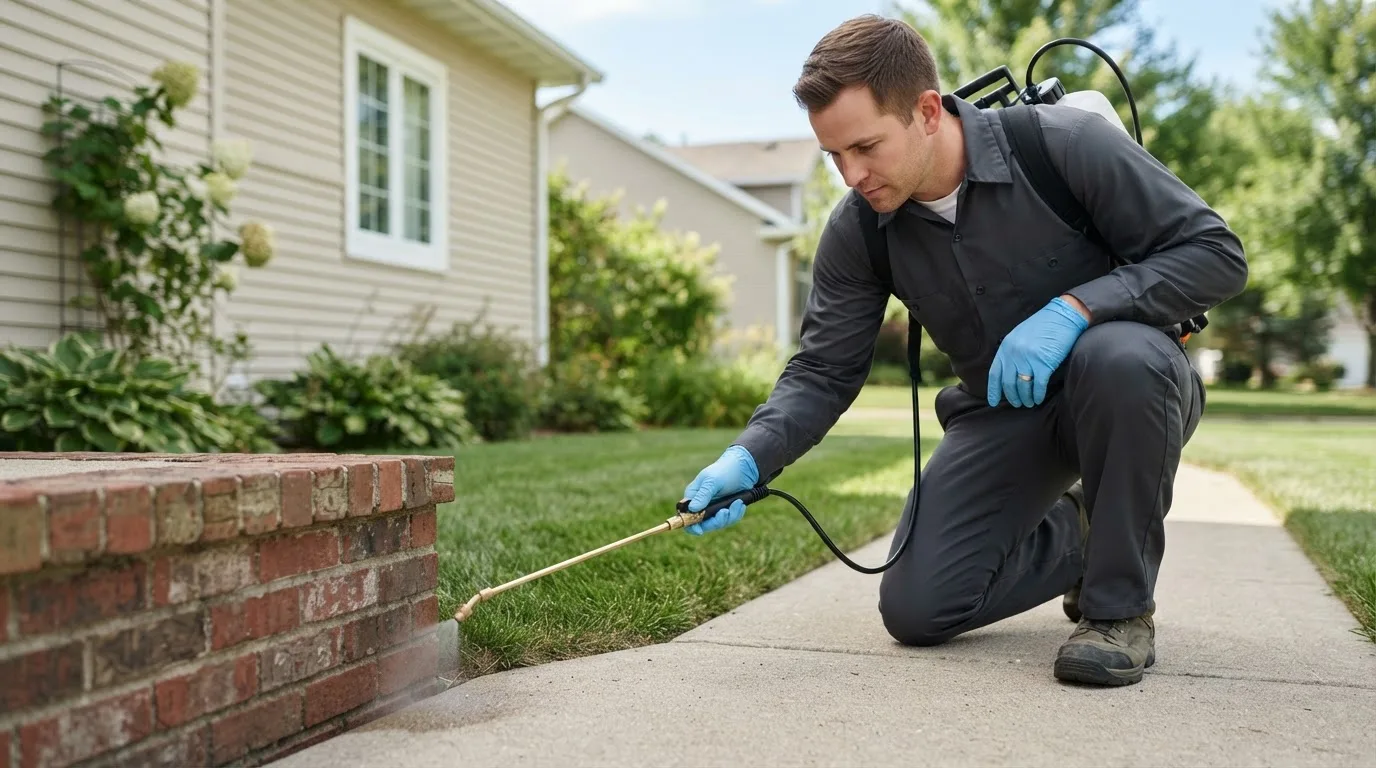 Pest control technician treating a home near Oxford, IA