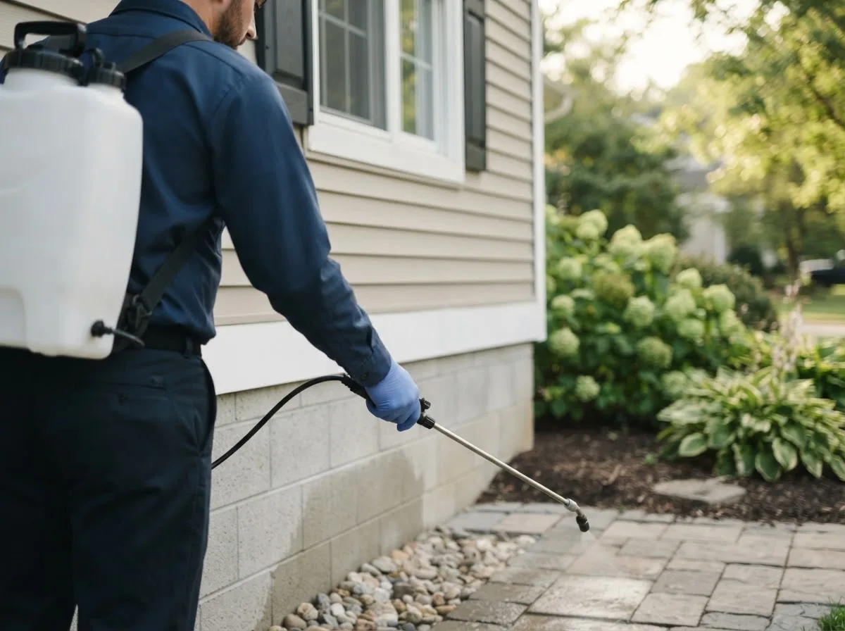 Pest control technician inspecting a home in Oxford, IA